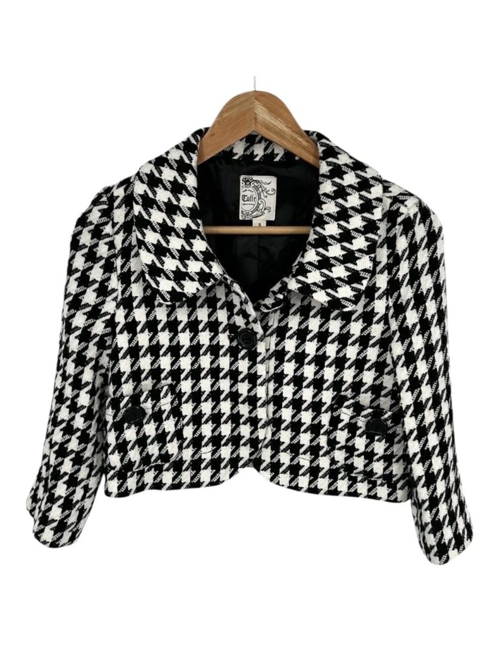 Tulle Houndstooth Cropped Jacket Blazer Womens Size S Black White Wool Blend
